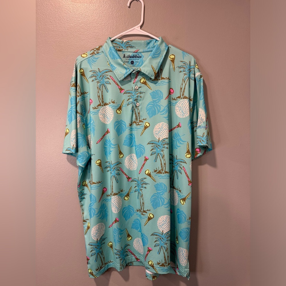 chubbies Aqua Tropical Golf Polo with Palm & Ball Print